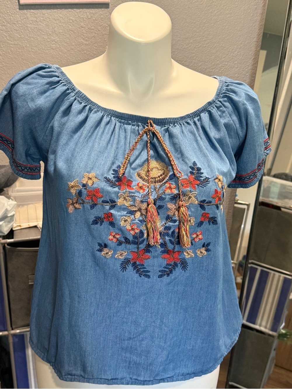 Light Blue Embroidered Peasant Tee with Tassel Tie